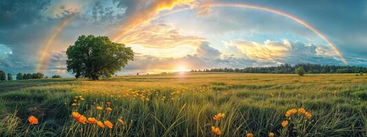 ai generado panorámico ver de un vibrante arco iris terminado un amapola campo a puesta de sol foto