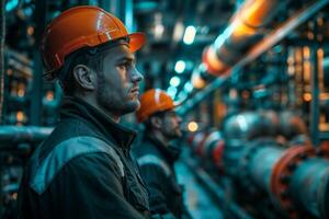 AI generated Two male workers in hard hats focused on machinery in a factory setting photo