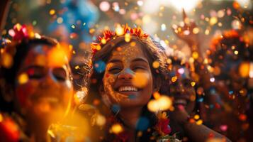 ai generado alegre celebracion a holi festival con vistoso polvo foto