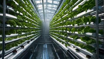 AI generated Lush green lettuce grows in a futuristic hydroponic farm with artificial lighting photo