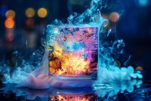 ai generado enigmático fuego y hielo whisky vaso en bar mostrador foto