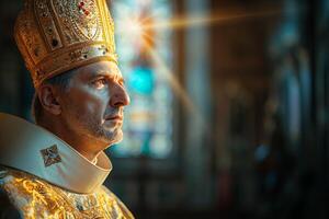 AI generated Solemn bishop in ornate regalia lost in thought as golden sunlight filters through photo