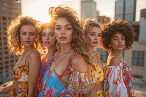 AI generated Five stylish women posing confidently with a city skyline backdrop bathed in sunset light photo