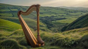 AI generated A large wooden harp is positioned on top of a vibrant hillside covered in luscious green grass photo