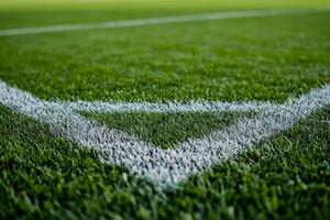 AI generated Close-up of soccer field corner line on lush grass photo