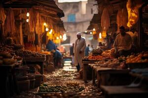 ai generado diverso marroquí calle mercado. generar ai foto