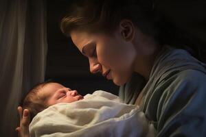 ai generado alegre madre recién nacido bebé nacimiento. generar ai foto