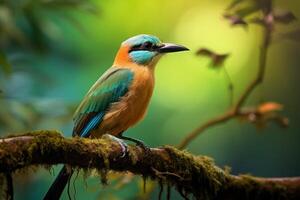 AI generated Colorful Motmot bird branch. Generate Ai photo