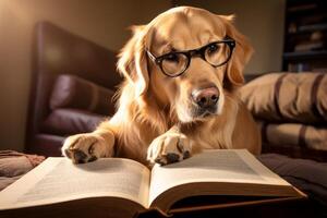 AI generated Curious Retriever reading book. Generate Ai photo