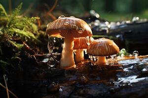 AI generated Damp Mushroom wet wood. Generate Ai photo