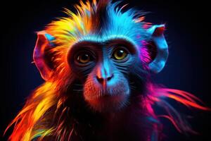 AI generated Vibrant Neon monkey sad. Generate Ai photo