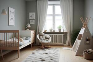 AI generated Minimalistic Nursery room interior scandinavia. Generate Ai photo