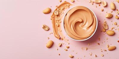 AI generated Peanut butter with nuts on a pastel pink background, top view. Banner with place for text photo
