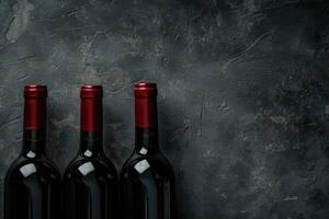 AI generated Wine bottles on minimalistic dark background with copy space photo