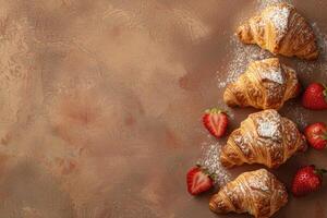 AI generated Croissants with strawberries sprinkled with powdered sugar on a beige textured background with copy space. Homemade baking photo