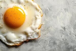 ai generado cerca arriba de un frito huevo en un gris antecedentes con Copiar espacio. sano desayuno foto