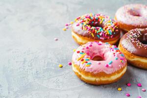 AI generated Bright multi colored donuts with colored shavings on a light background with copy space photo