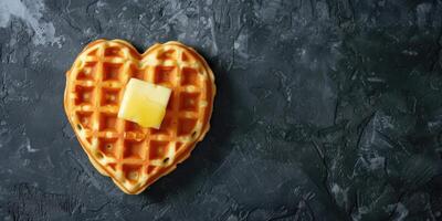 AI generated Homemade waffle in the shape of a heart with a piece of butter on a dark background with copy space photo