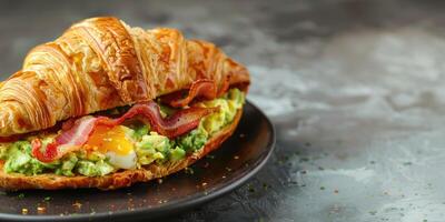 AI generated Croissant sandwich with fried egg, bacon and avocado. Healthy breakfast concept. Background with copy space photo
