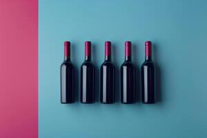 AI generated Bottles of wine in a row on a minimalistic blue background background. Wine trendy background photo