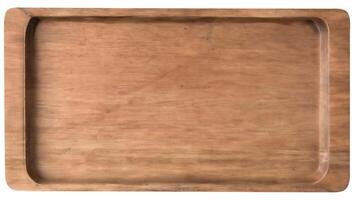 AI generated Top view of empty wooden tray isolated on background. photo