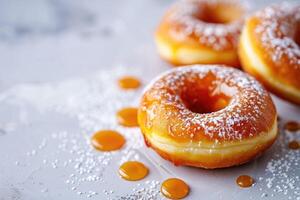 AI generated Donuts in powdered sugar and drops of caramel on a light background with copy space photo