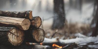 AI generated Firewood against the background of a forest and a firet. Log trunks piles, logging, wood processing industry photo