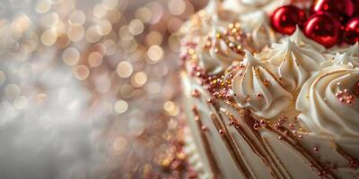 AI generated Close up of a delicate white birthday cake with gold glitter and confetti, decorated with red glitter berries. Luxury background of sweet dessert with copy space photo