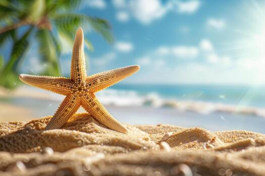 ai generado estrella de mar en el arena en el apuntalar de un hermosa playa con palma arboles verano antecedentes con Copiar espacio foto