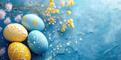 ai generado Pascua de Resurrección huevos en un azul antecedentes con amarillo flores primavera composición con Copiar espacio. foto
