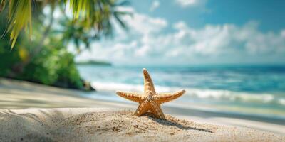 AI generated Starfish on the sand on the shore of a beautiful beach with palm trees. Summer background with copy space photo