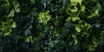 AI generated Broccoli and greens vegetables background. AI generated photo