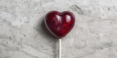 AI generated Heart shaped lollipop on gray marble background with copy space photo