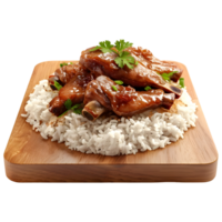 AI generated 3D Rendering of a Fried Chicken Pieces on Rice on Wooden Plate on Transparent Background - Ai Generated png