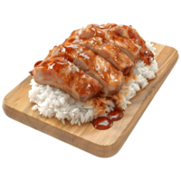 AI generated 3D Rendering of a Fried Chicken Pieces on Rice on Wooden Plate on Transparent Background - Ai Generated png