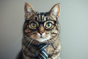 AI generated Business cat wearing glasses and a tie on an empty background with copy space photo