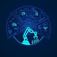 concept of smart farming or agriculture tehnology, graphic of robotic arm with green technology element interface vector