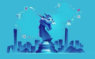 concept of China business tech metaphor, graphic of dragon chess piece with economy element vector