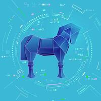 concept of cyber attack or cyber war, graphic of wireframe trojan horse with programming element vector