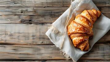 AI generated French croissant on wooden table photo