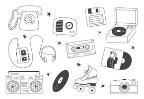 Set of contour retro objects musical equipment, roller skates, floppy disk and others. vector