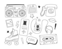 Set of doodles elements of the 90s. Contour illustration with isolated gadgets, cassettes, accessories on white background. vector