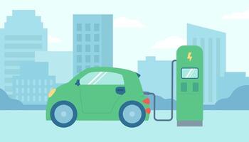 eléctrico coche a el cargando estación, el concepto de ecología, verde energía. plano vector ilustración.