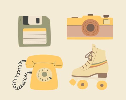 Nostalgia musical equipment, cassette tape and vinyl disc, radio and vinyl record player. Retro audio devices in a flat style, isolates.
