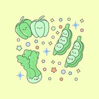 vegetable peas lettuce bell pepper with cute facial expressions and pastel colour vector