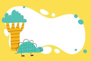 Dino photo frame, templates for text or invitations. Vector illustration of a funny cartoon dinosaur character. Scandinavian style doodle, hand drawn