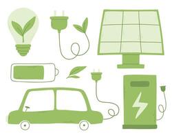 Set of green energy elements. Collection of environmental elements. Electric car, solar battery, station, light bulb. Vector illustration.