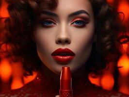 AI generated Woman applying red lipstick photo