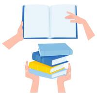 Female hands and an open book and a stack of colorful books vector