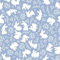 Easter seamless pattern of white silhouettes of rabbits with flowers vector